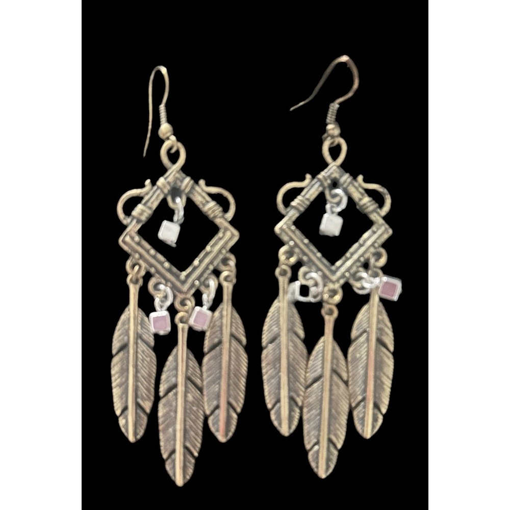 Boho Antique Gold Tone Feather Chandelier Earrings Hippie Style Bead Dangles - Picture 3 of 5